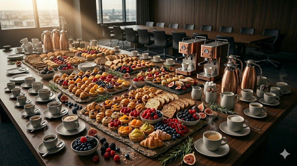 Desayuno corporativo con bolleria y café
