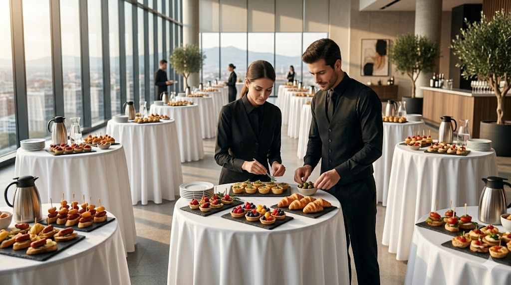 Camareros montando catering en instalaciones